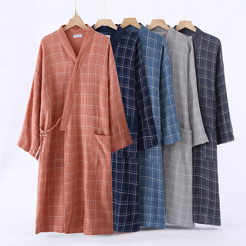 Four Seasons New Men and Women Couple's Cotton Gauze Double Crepe Fabric Checked Pattern Robe Bath Robe Home Wear
