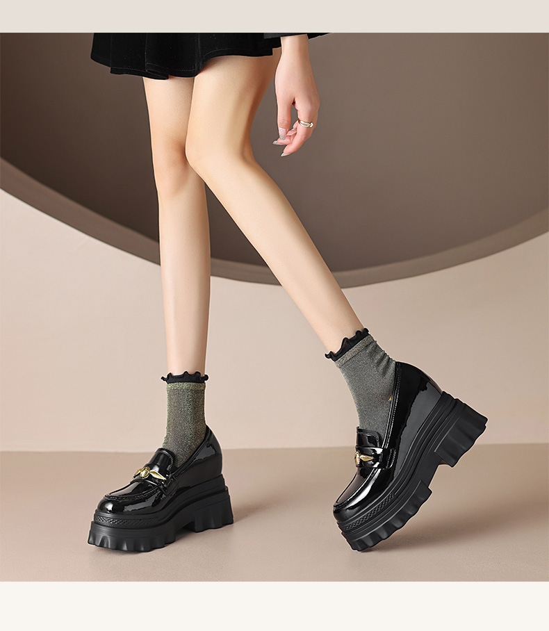 Giày loafer nữ đế xuồng cao gót 9 cm, mũi tròn, da bóng, tăng chiều cao — màu đen chi tiết 7