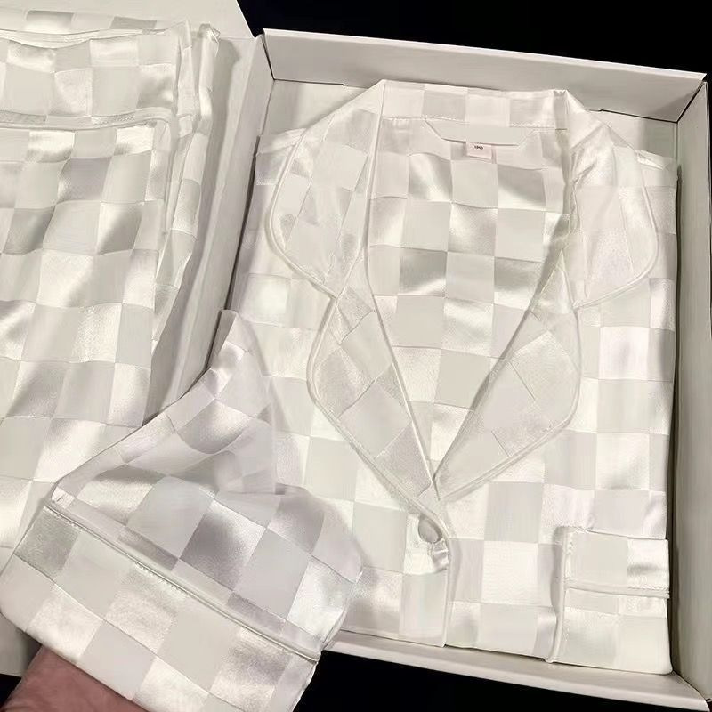 Transfronterizo satén jacquard hielo seda pijama de primavera y otoño mujeres pantalones de manga larga cardigan de alta calidad conjunto de ropa para el hogar