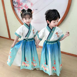 儿童表演服男童汉服中国风唐装女孩毕业照民族服装古装演出服短袖
