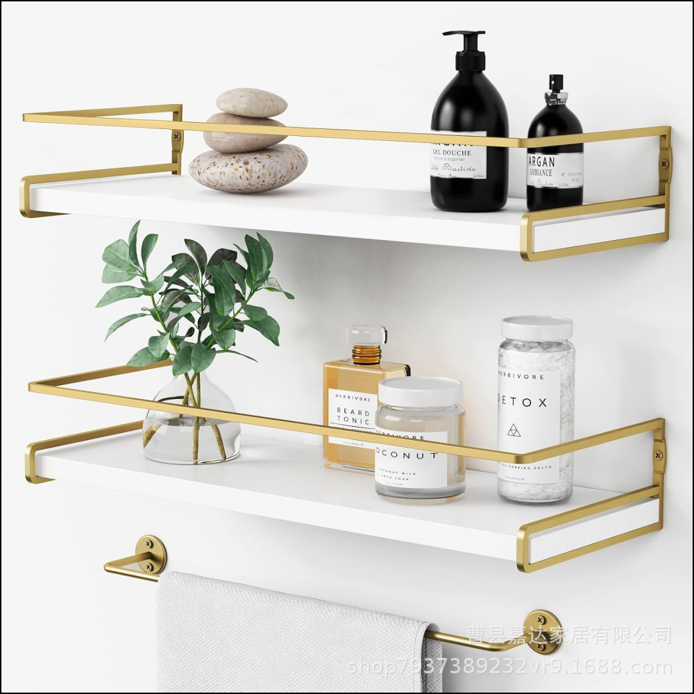 Iron and Wood Combined Floating Storage Bathroom with Hook Towel Bath Ball Rack Kitchen Spatula Seasoning Storage Rack