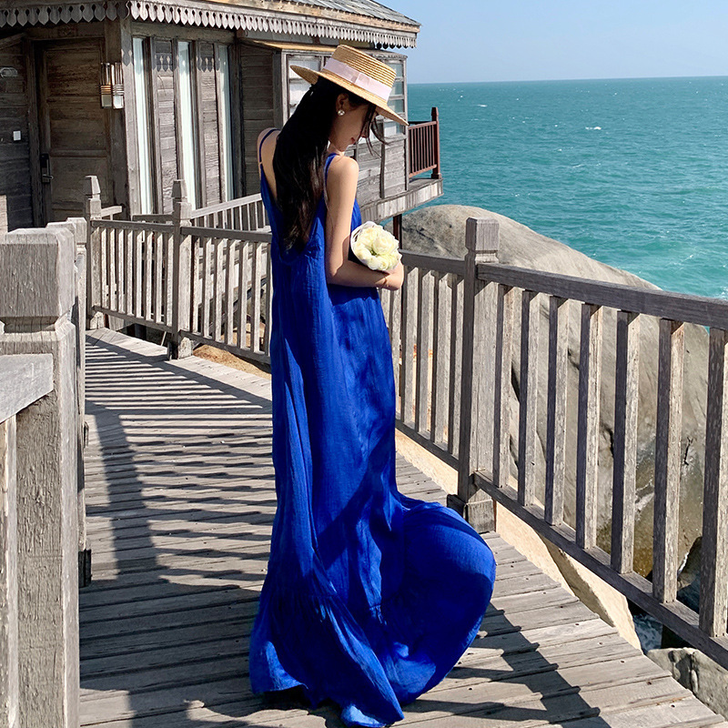 Klein blue dress long sexy backfield slim Sanya travel clothes Super fairy beach dress