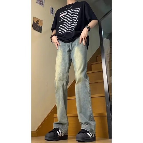 Men's denim jeans, water-washed distressed, cool-style, slightly tapered pants, suitable for spring and autumn, American high street, loose straight-leg casual pants