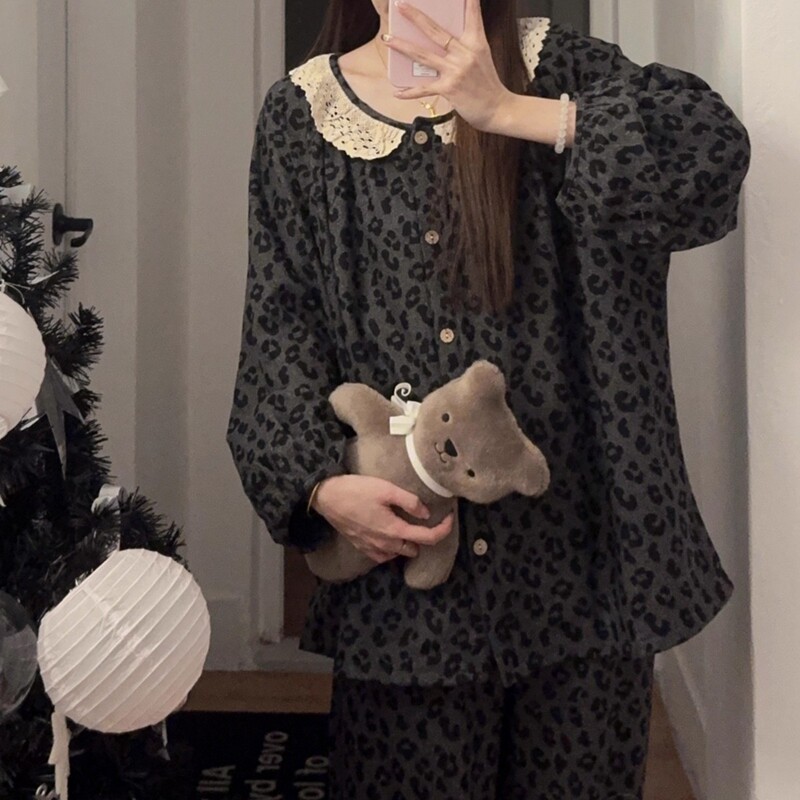 德绒睡衣女秋冬新款蕾丝花边豹纹灰色娃娃领公主风花边家居服套装|undefined