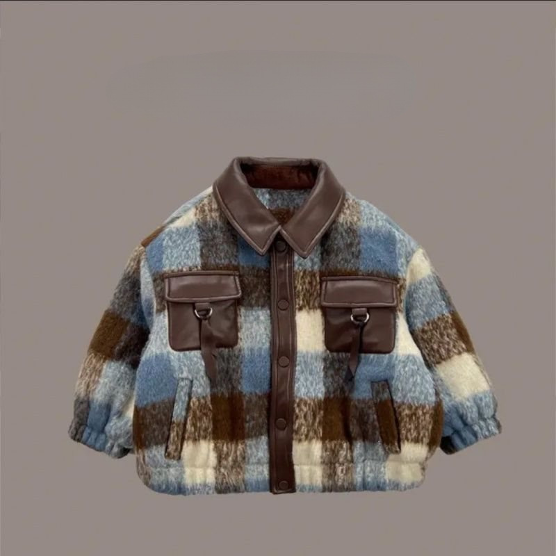 어린이 겨울 2024 새로운 격자 무늬 모직 랩 한국식 재킷 쇼트 코트 두껍게