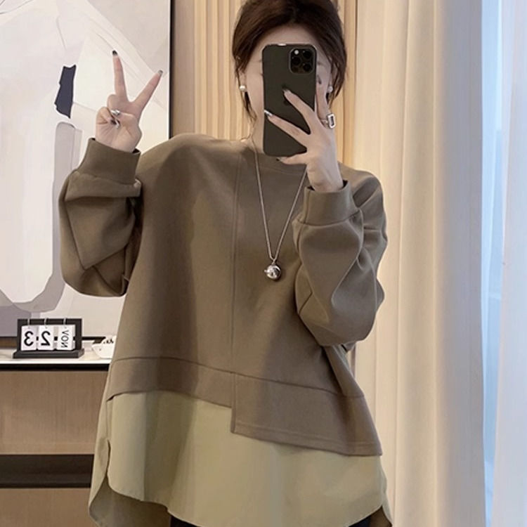 大码设计拼接假两件卫衣女秋季新款胖MM宽松显瘦中长款上衣300斤|undefined