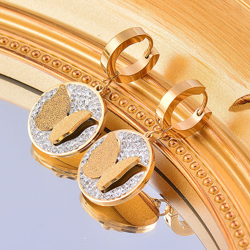 Fashion Butterfly Titanium Steel Inlay Rhinestones Drop Earrings 1 Pair