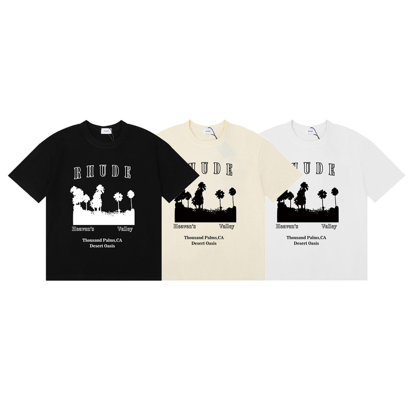 Cross-Border Exclusive American Trendy Brand Rhude Letter Logo Printed High-Quality Double Yarn Pure Cotton Men's and Women's Short-Sleeved T-Shirts