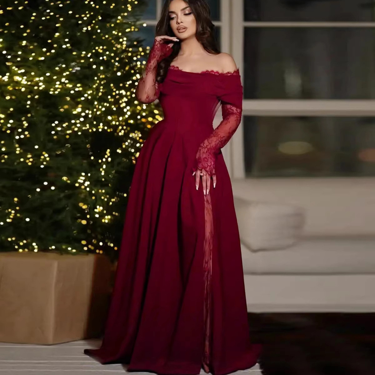 2026 European and American Foreign Trade Plus-Size New Women's Clothing Wish Amazon Sexy Lace Hollow-Out Long-Sleeve Large Hem Gown