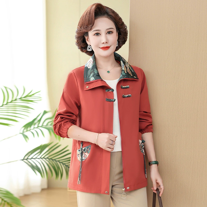 2024 Новый весенний Топ для женщин среднего и пожилого возраста, куртка для мам больших размеров с лацканами и принтом в этническом стиле для женщин