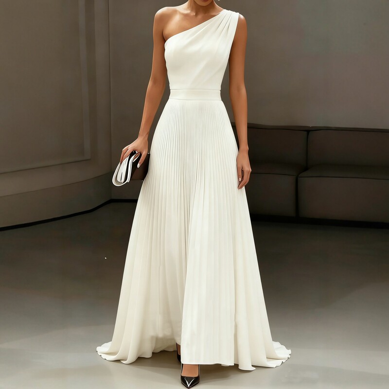 2026 New European and American Style One-Shoulder White Long Dress Elegant Pleated Gown Summer Elegant Wedding Dress 2026 New European and American Style One-Shoulder White Long Dress Elegant Pleated Gown Summer Elegant Wedding Dress