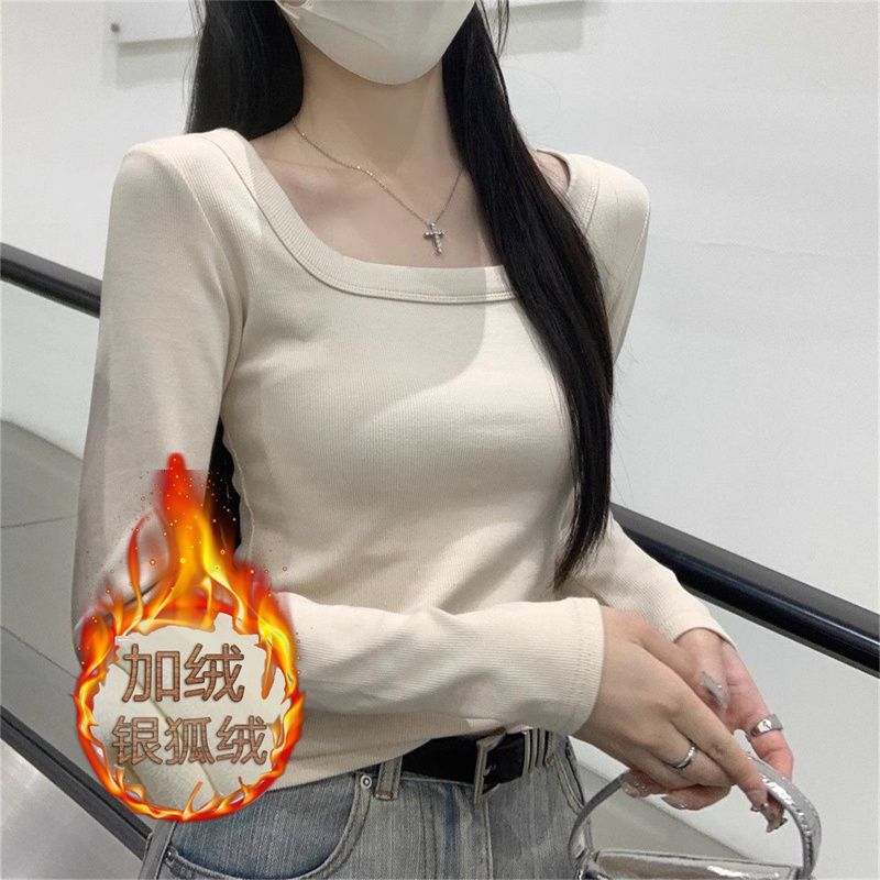 方领加绒打底衫女秋冬加厚保暖内搭磨毛长袖t恤修身德绒u领上衣潮