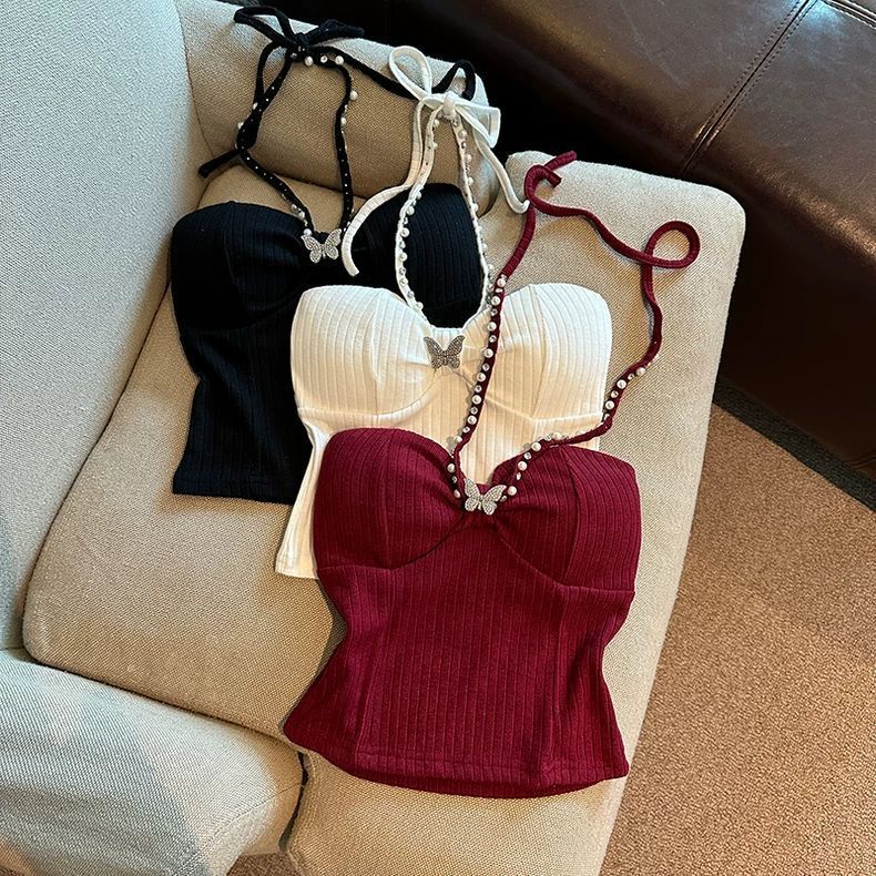 Christmas Red Halterneck Camisole for Women in Autumn and Winter Thickeneded Brushed One-Shoulder Tube Top with Padded Bottoming Shirt