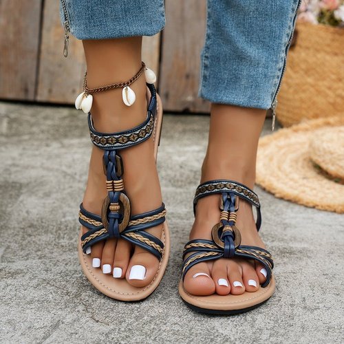 Beach 2025 Summer Bohemian Style Beaded Waterfall Crystal Roman Style Outerwear Flat Sandals