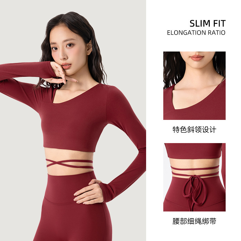 跨境短款正肩瑜伽服长袖女斜领绑带运动上衣带胸垫修身显瘦健身服|undefined