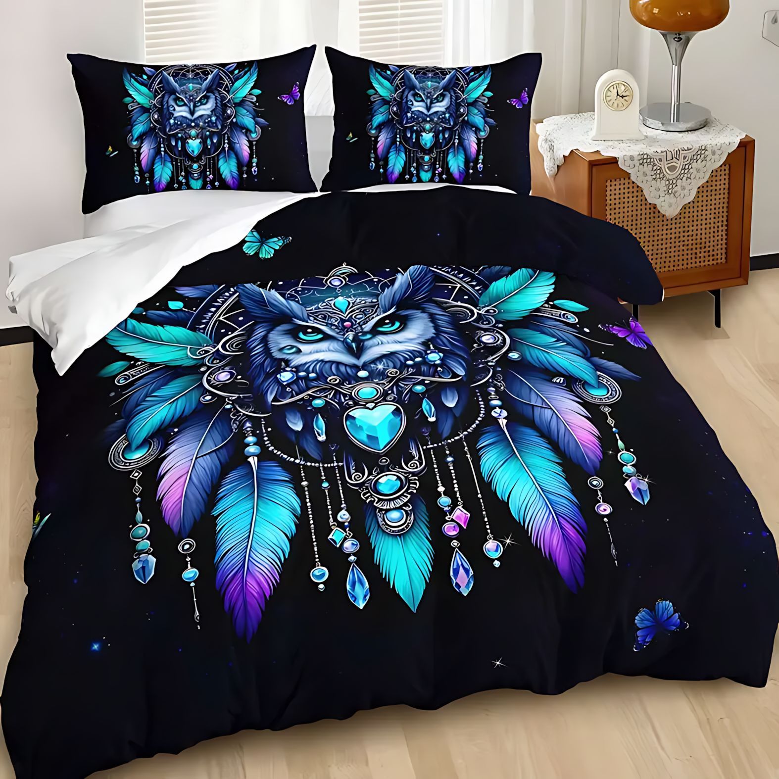 TEMU / JIT Owl Dreamcatcher 3D transfronterizo impresión digital suave set de edredón para diseñar