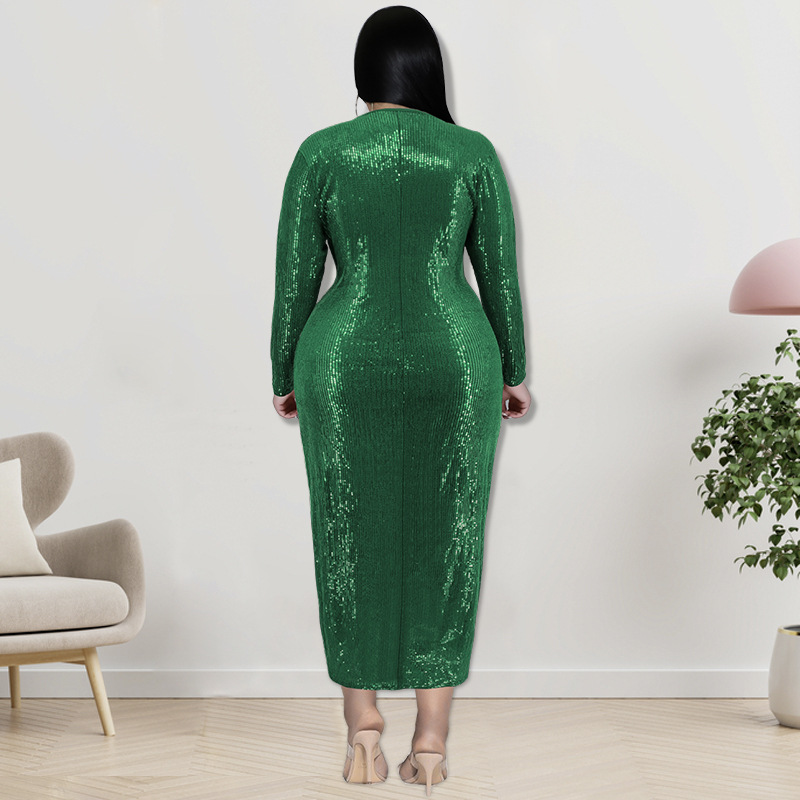 Plus size fluweel bodycon midi jurk met pailletten en v-hals voor dames_voghion.com