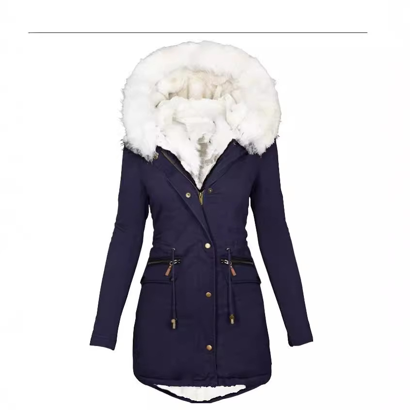 Damenbekleidung Herbst und Winter Partyjacke Damen Plüsch Taille Baumwollmantel Weiß Pelzkragen Mit Kapuze Warme Jacke Größe Lockerer Baumwollmantel Damen_voghion.com