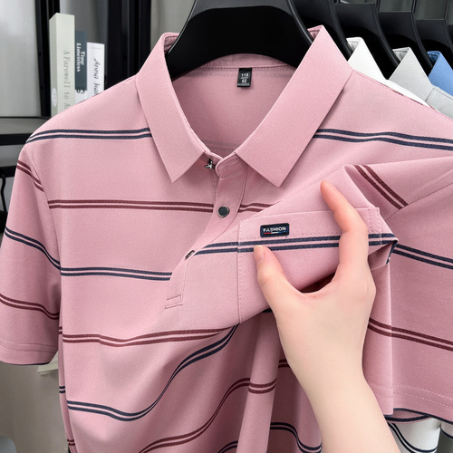 Summer new style lapel ice silk short-sleeve POLO shirt men's stripe true pocket middle-old casual t-shirt shirt top men