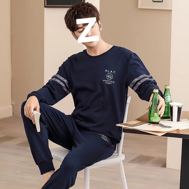100% Cotton Men's Pajamas Spring and Autum Long-Sleeved Cotton Loose Young Students Casual Autum and Winter Home Wear Set