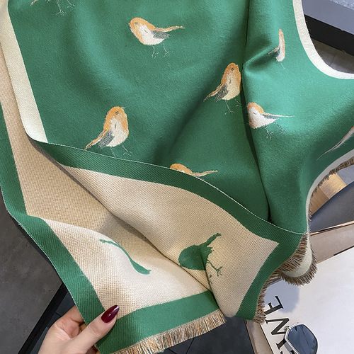 Scarf Women's Winter Green Bird Air-conditioned Room Shawl Extra Thick Warmth Long Style High-end Imitation Cashmere Scarf