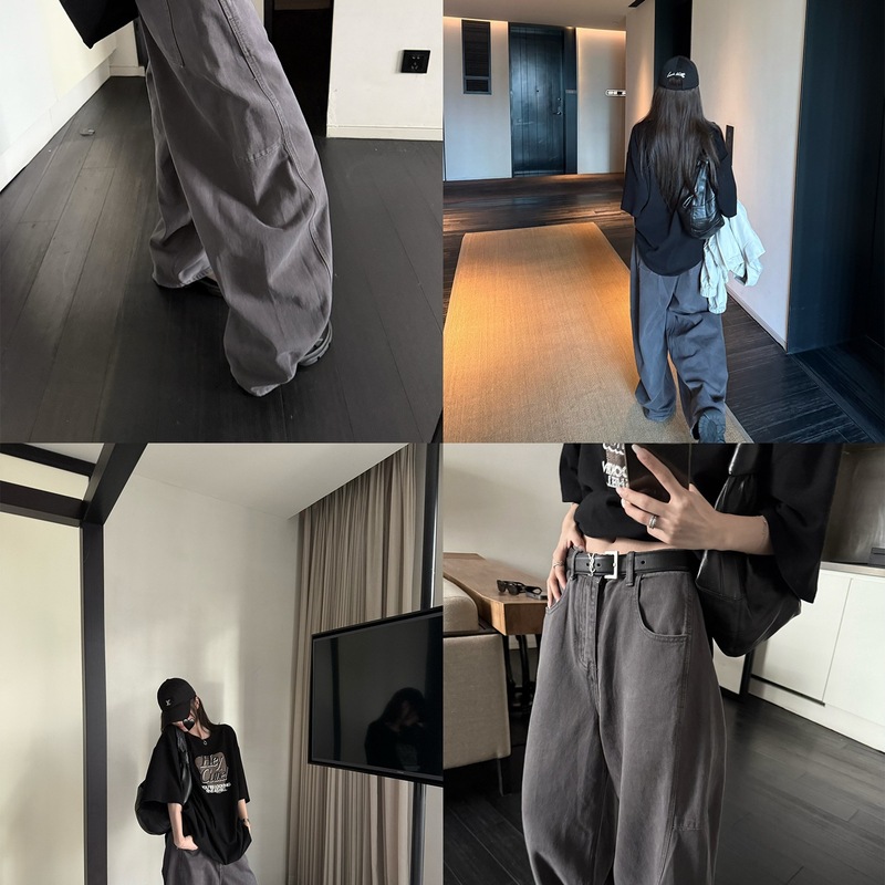 沐回来了炒色工艺灰色宽松高腰阔腿裤休闲裤香蕉砂洗牛仔裤女|undefined