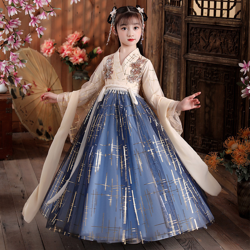 Chinese girls  kids blue hanfu outfit super fairy dress chinese ancient folk costumes girl costume 