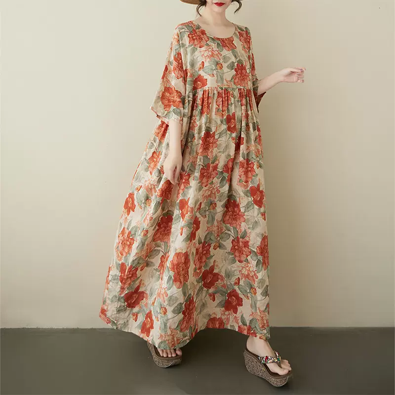 SC夏季新款宽松大码女装圆领舒适垂感印花短袖长款大摆连衣裙潮