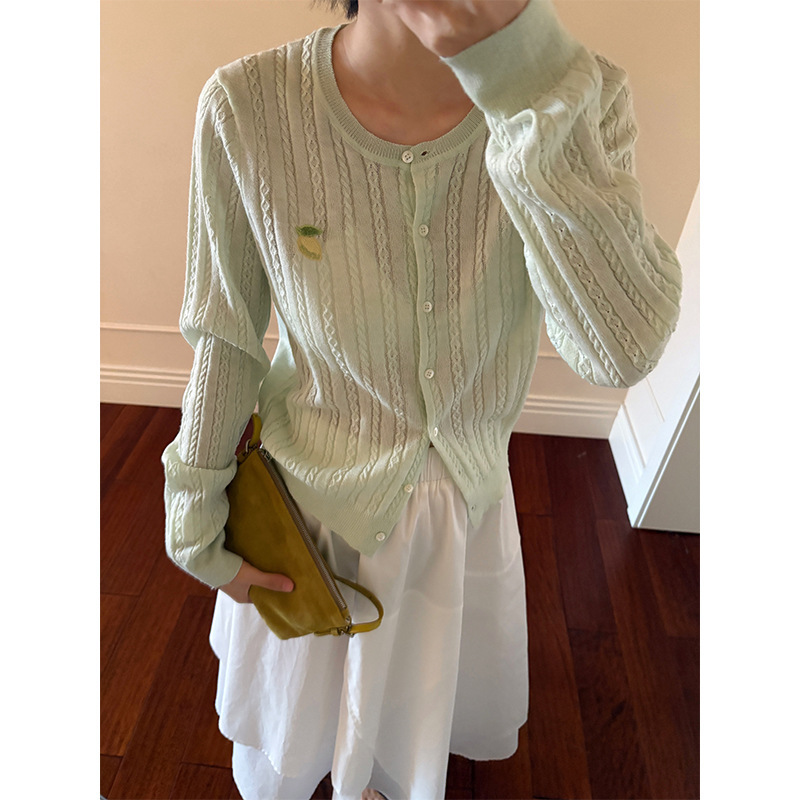 [Clearance, No Returns] Yifu Women's Casual Top Korean Style Lemon Embroidery Knitted Cardigan 19339