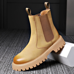 Autumn and Winter Genuine Leather Rhubarb Boots Men's High-top Thick-soled Lightweight Martin Boots Casual Comfortable Elastomic Foot Warm Workwear Shoes