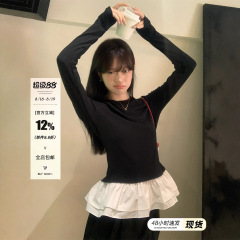 宋正恩芭蕾风花边黑色长袖t恤女秋季新款加绒修身内搭打底衫上衣