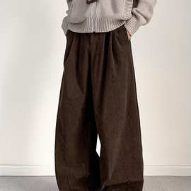 日系复古灯芯绒阔腿休闲裤冬季美拉德咖色裤子高腰宽松直筒工装裤