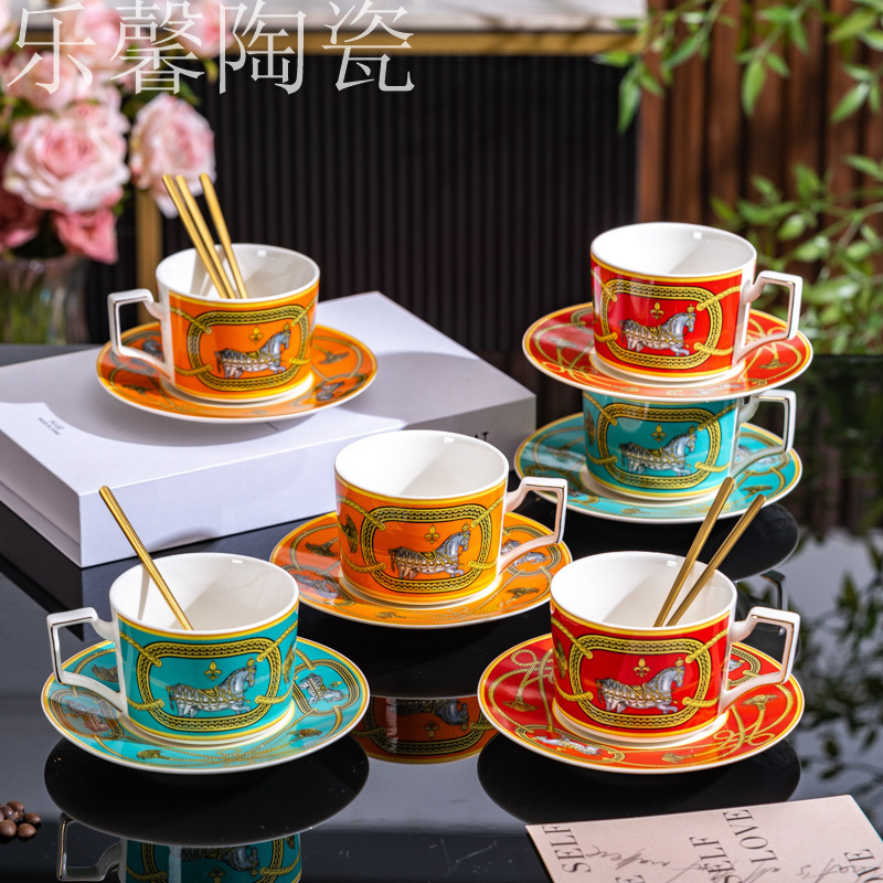 Retro Ceramic Coffee Cup British Style Home Afternoon Tea Orange Cup and Saucer Light Luxury Water Cup High-Value Gift Cross-Border
