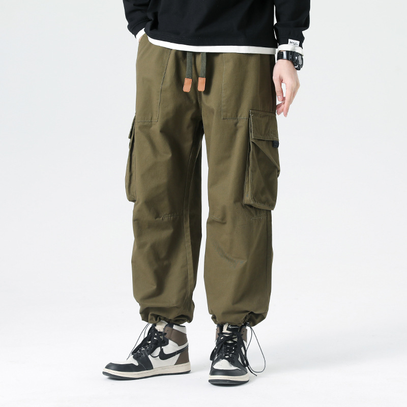 Pure Cotton Korean-Style Men's Cargo Pants, Spring Vintage High Street Straight-Leg Pants, Trendy Casual Long Pants, Vintage Cargo Style