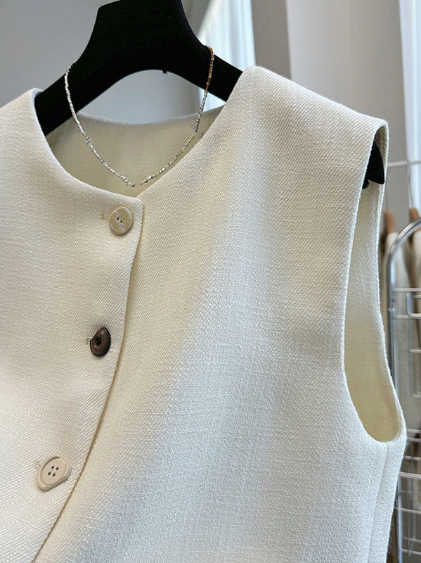 Áo vest nữ không tay dáng gile cổ tròn phối lớp phong cách Pháp — đen, Màu trắng nhạt chi tiết 9