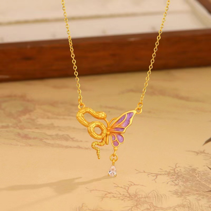 Snake and Butterfly Dance Necklace for Women, Fashionable and Elegant New Chinese Style 2025 Zodiac Snake Tassel Epoxy Design Collarbone Chain