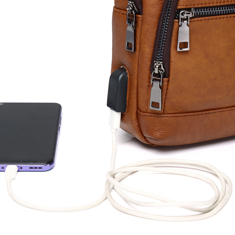 Túi đeo chéo nam da bò thật cổ điển kiểu Âu Mỹ, có cổng sạc USB — Màu đen, Màu nâu vàng