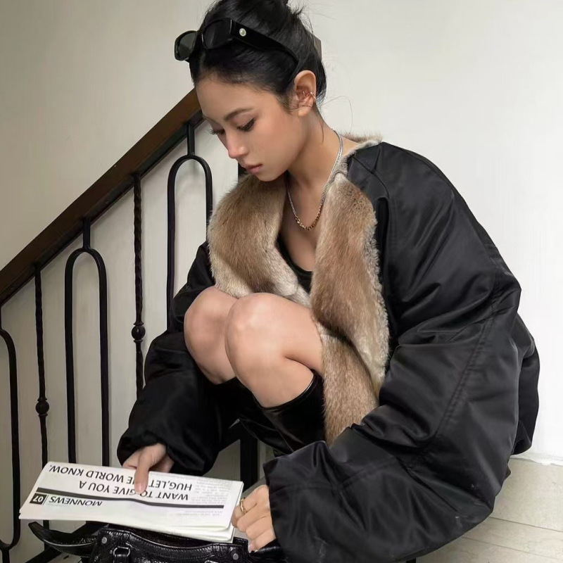 秋冬新款圆领大翻领短款青根貂皮毛领派克羽绒服女休闲时尚派克服|undefined