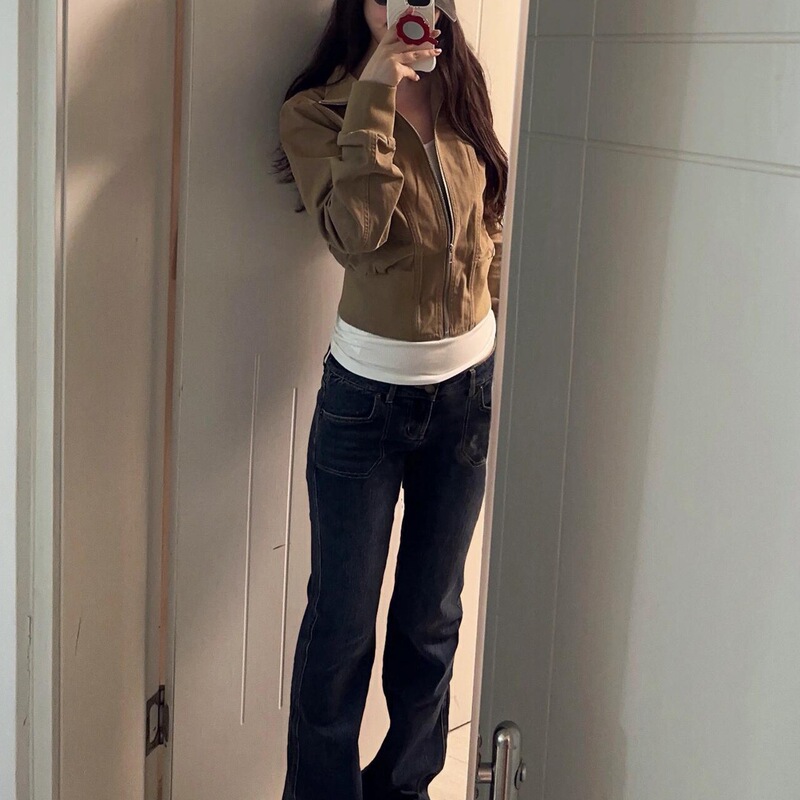 叮叮车美式复古棕色立领夹克外套女早秋季2025新款春秋修身短款拉|undefined