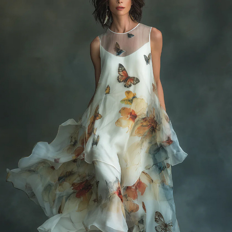 New European and American Cross-Border Summer Style Butterfly Print Casual Elegant Round Neck Sleeveless Flowing Long Dress