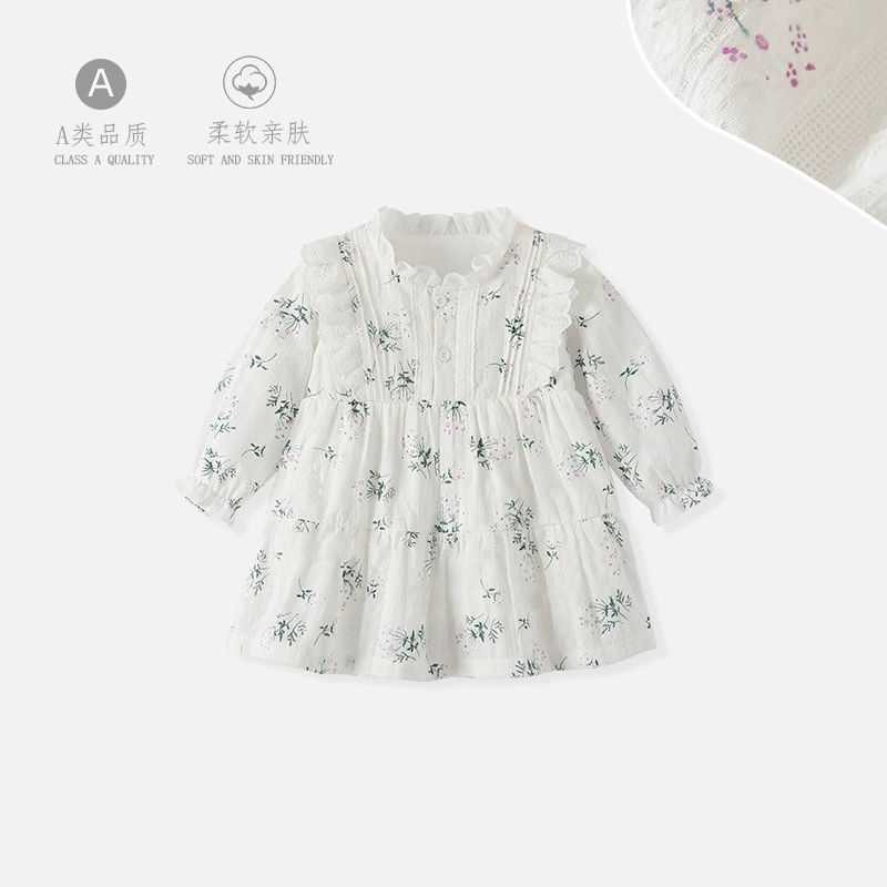 Dress, children's shirt, autumn cotton long-sleeve, floral print, western style, Korean style