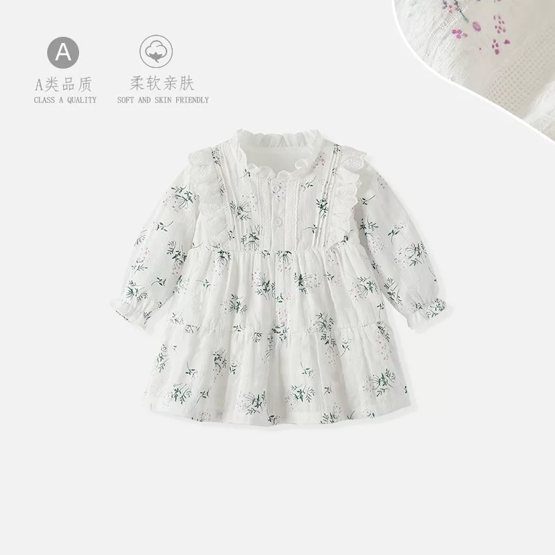Dress, children's shirt, autumn cotton long-sleeve, floral print, western style, Korean style