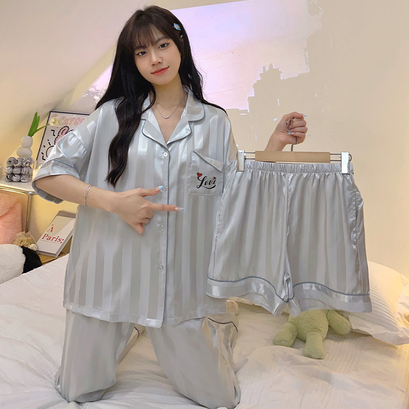 아이스 실크 잠옷 여성 3 피스 양복 여름 반팔 바지 카디건 귀여운 봄, 가을 느슨한 새로운 홈웨어