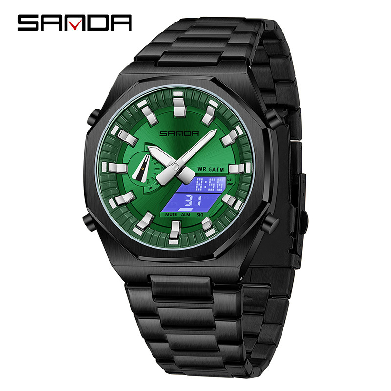 SANDA SANDA reloj electrónico sincronizado doble pantalla multifuncional reloj de hombre octogonal cuenta atrás reloj de pulsera de luz nocturna 3376