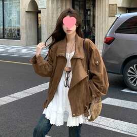 麂皮绒机车外套秋季复古美拉德休闲宽松慵懒翻领廓形感夹克女