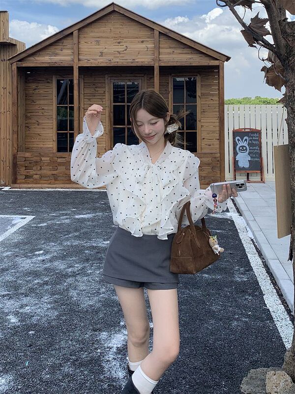 法式荷叶边波点长袖衬衫女秋季新款宽松韩系蝴蝶结系带超好看上衣|undefined