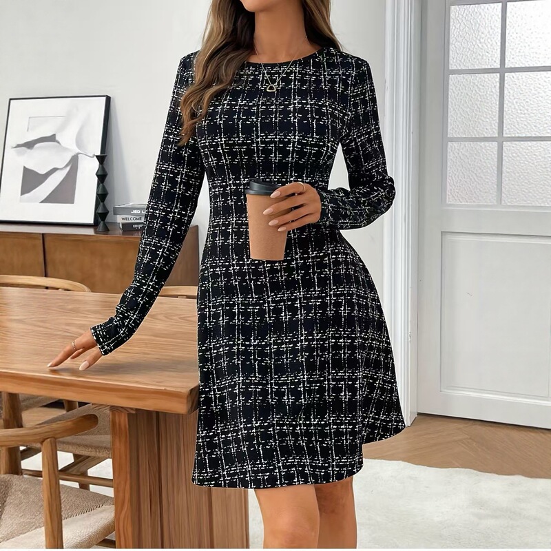 2025 New Cross-Border Foreign Trade European and American Women's Solid Color Printed Mid-Length Waist-Cinching Round Neck Two-Way Dress with a Large Hem