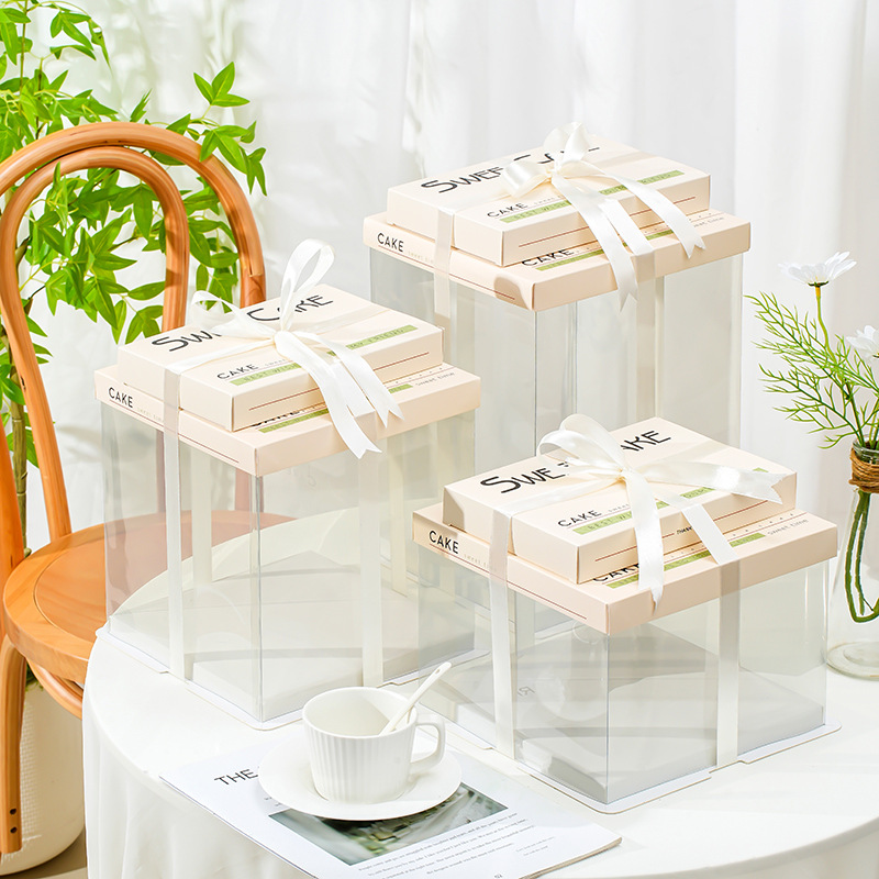 Caja de pastel de cumpleaños Caja de pastel totalmente transparente Nueva caja de embalaje de pastel con sello de cintura 6 6 8 8 10 10 12 pulgadas simple y doble