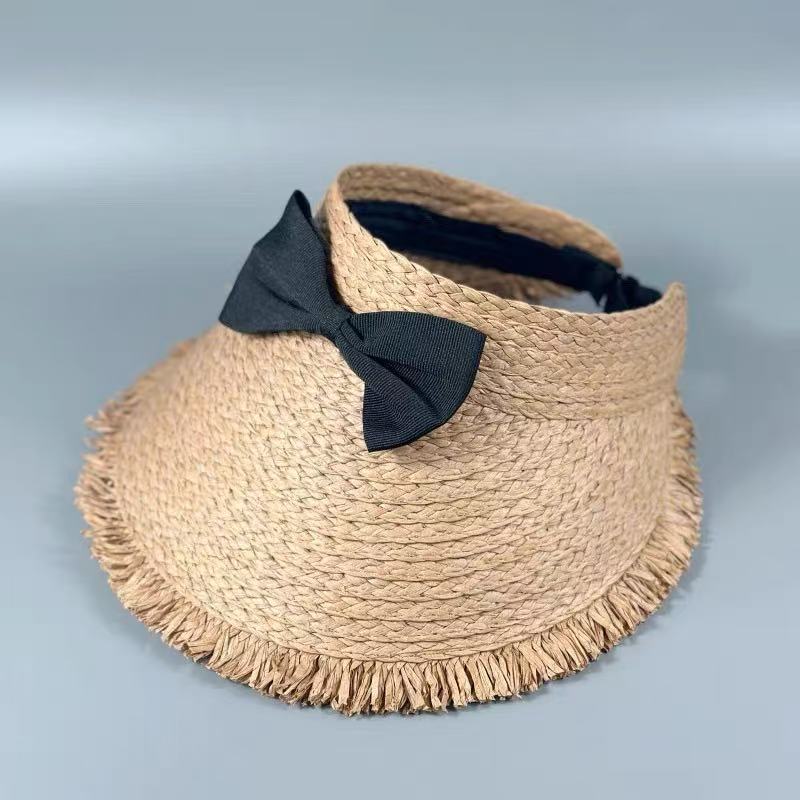 Cappello aperto in paglia di rafia stile Hepburn primavera/estate 2026, leggero e lussuoso, con strass e perle, traspirante, senza parte superiore, per donna._voghion.com