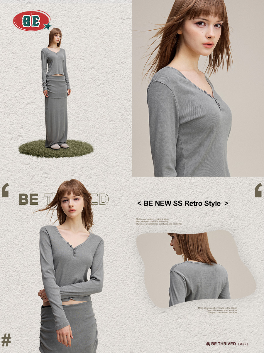 BE ropa de mujer | Suéter de manga larga con botones con cuello en V sexy puro europeo y americano, camisa de fondo delgada y delgada, camiseta de color sólido, mujer image 5